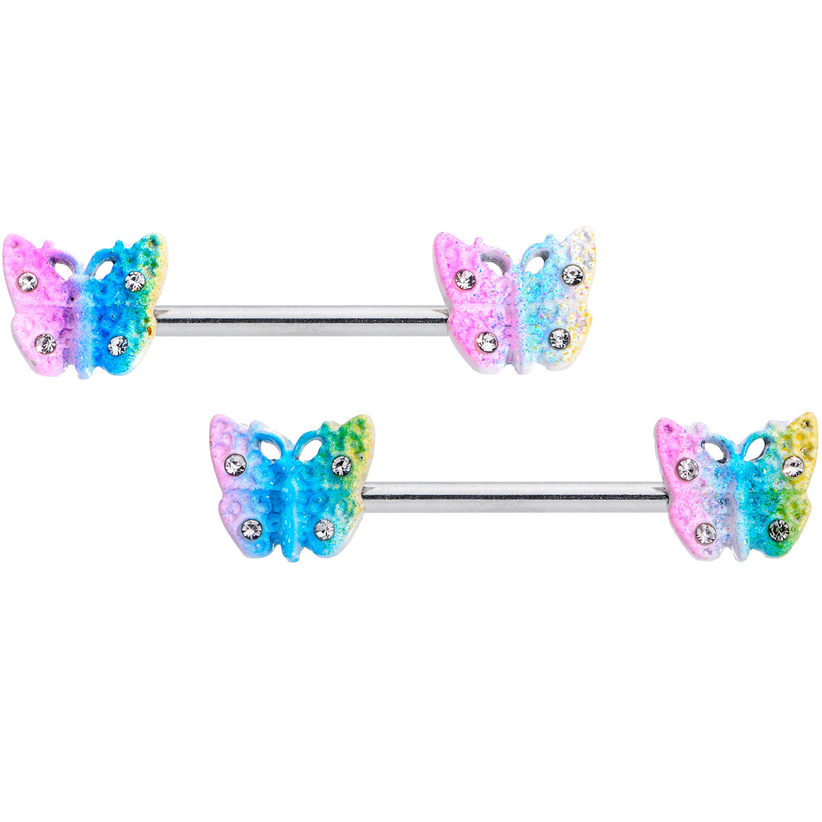 14G 9/16 Clear Gem Baroque Rainbow Butterfly Nipple Ring Set