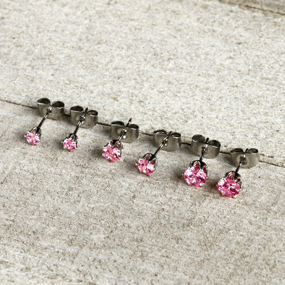 20G Pink CZ Gem 3mm to 5mm Post Stud Earring Set of 3