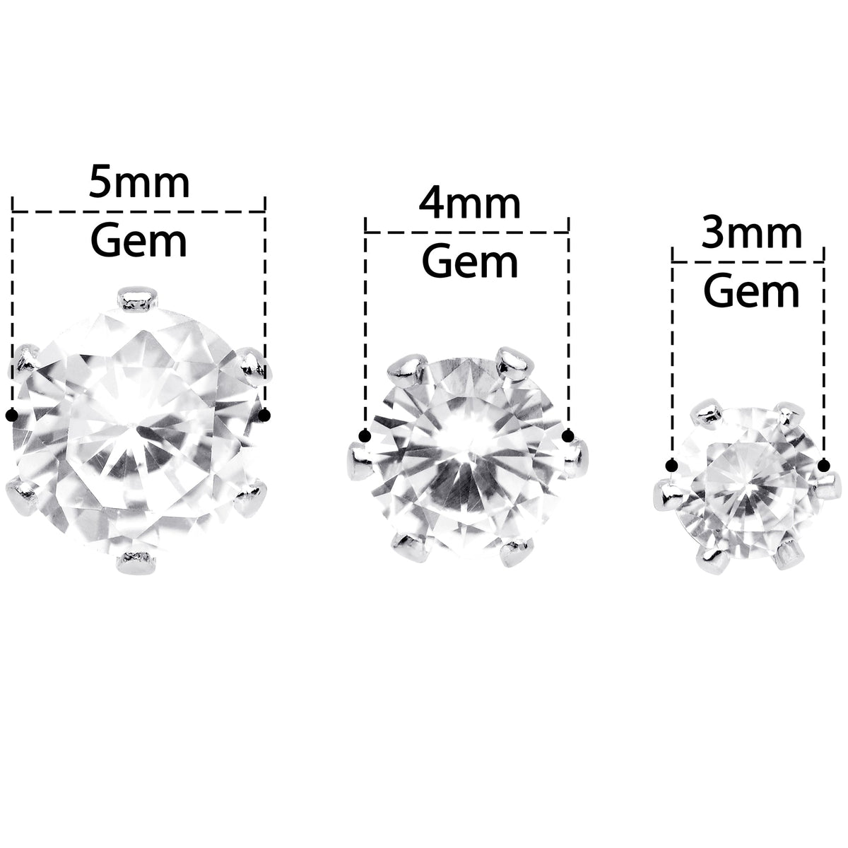 20G Clear CZ Gem 3mm to 5mm Post Stud Earring Set of 3