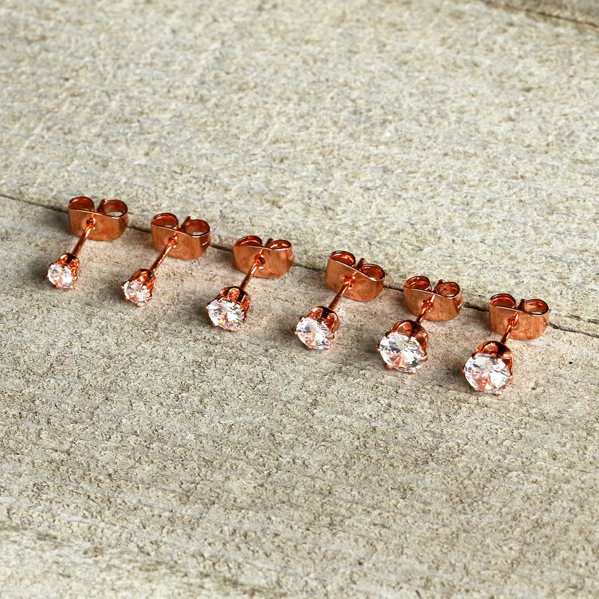 20G Clear CZ Gem Rose Gold Tone Post Stud Earring Set of 3