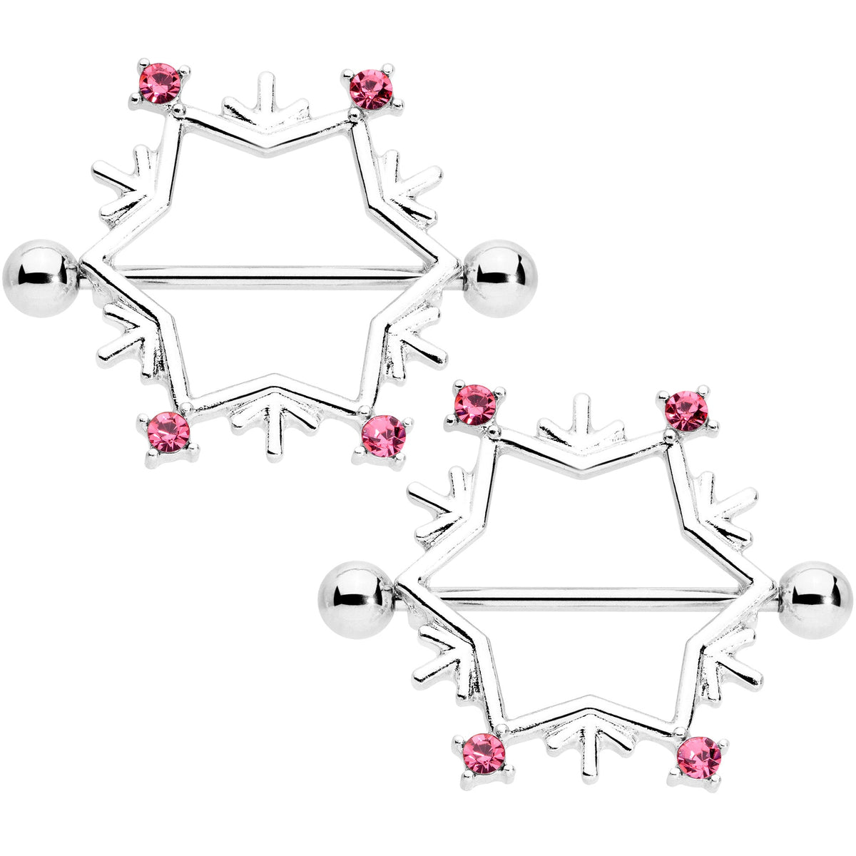14G 3/4 Pink Gem Snowflake Christmas Nipple Shield Set