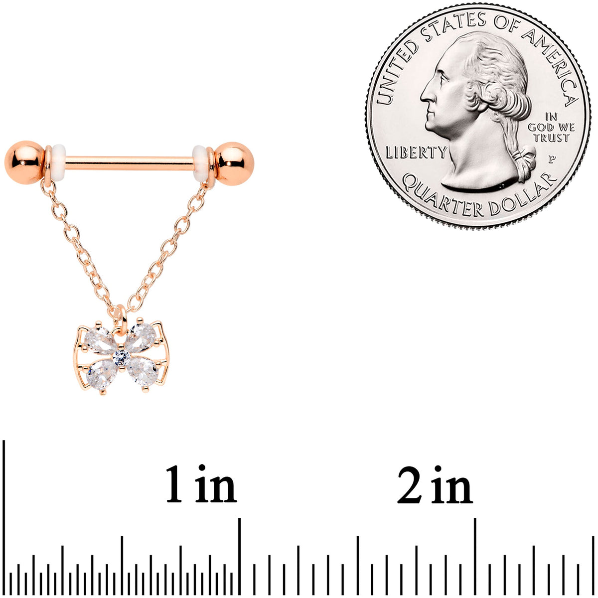 14G 11/16 Clear CZ Gem Rose Gold Hue Bow Chain Nipple Ring Set