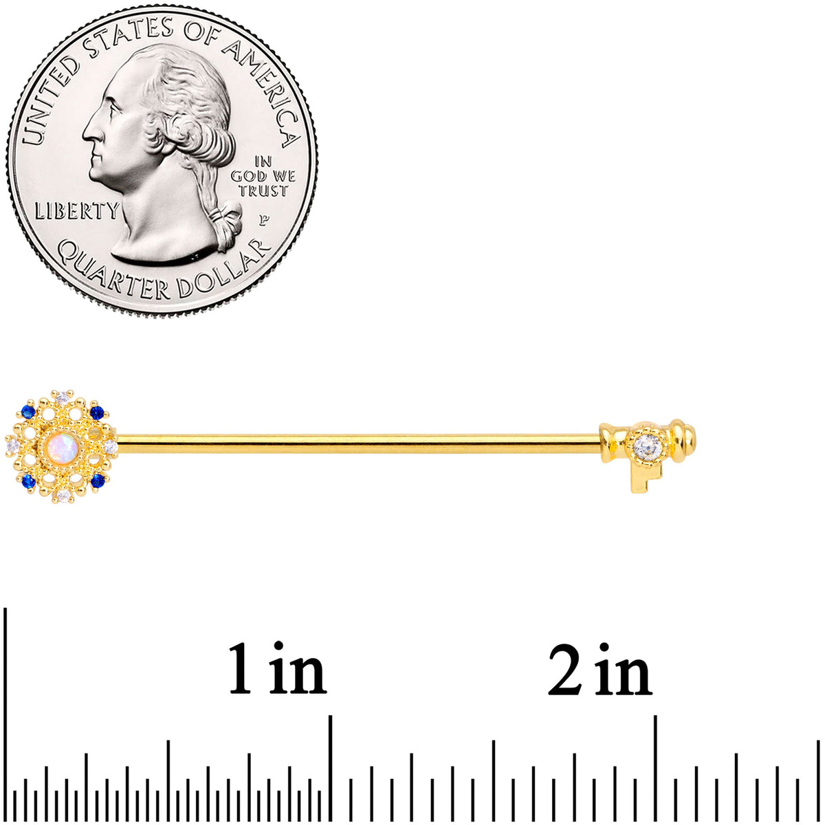 14G White Synthetic Opal Gold Tone Key Industrial Barbell 38mm