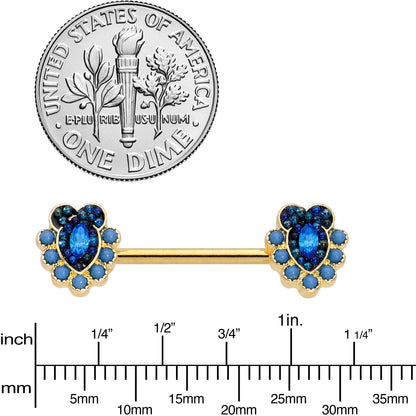 14G 9/16 Blue Gem Gold Tone Opulent Oval Barbell Nipple Ring Set