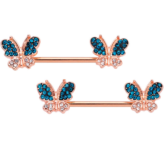 14G 9/16 Clear Aqua Gem Rose Gold Tone Butterfly Nipple Ring Set