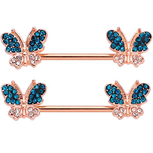 14G 9/16 Clear Aqua Gem Rose Gold Tone Butterfly Nipple Ring Set