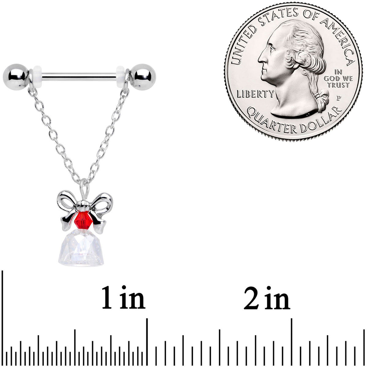 14G 11/16 Red Gem Bell Christmas Chain Dangle Nipple Ring Set