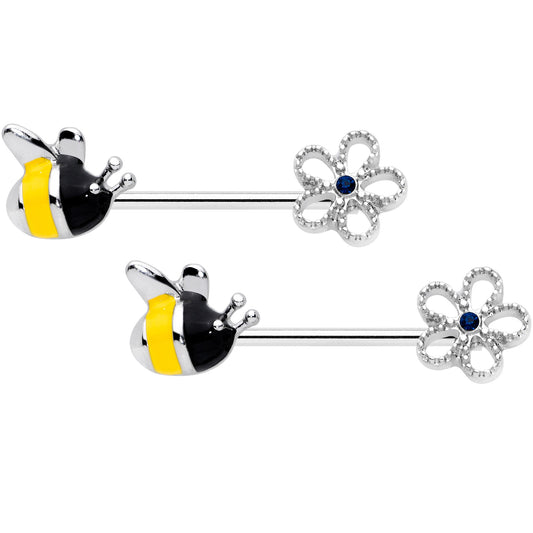 14G 9/16 Blue Gem Big Bee Flower Barbell Nipple Ring Set
