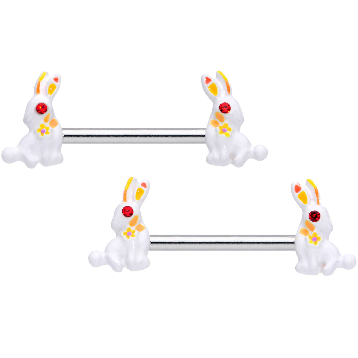 14G 9/16 Red Gem White Easter Rabbit Barbell Nipple Ring Set