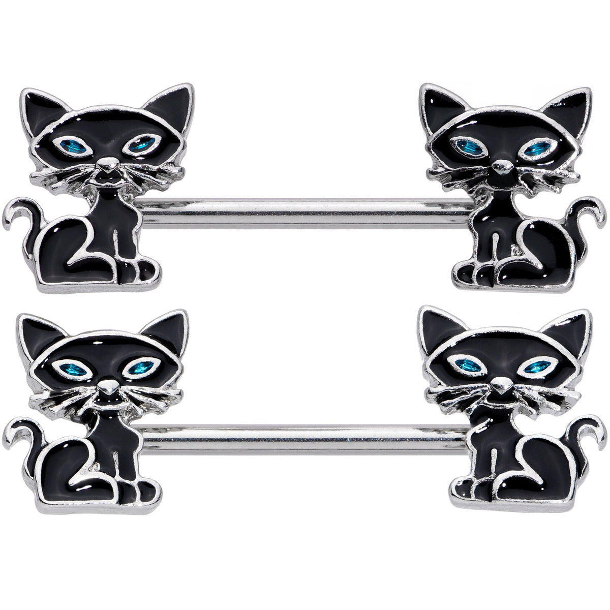 14G 9/16 Blue Eyed Black Cat Barbell Nipple Ring Set