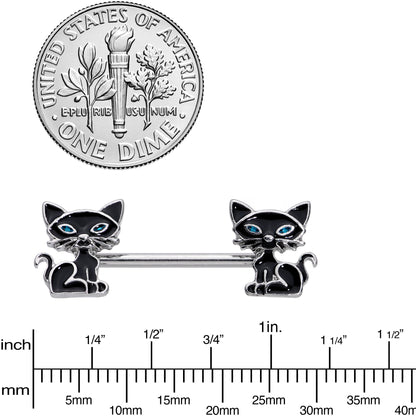 14G 9/16 Blue Eyed Black Cat Barbell Nipple Ring Set