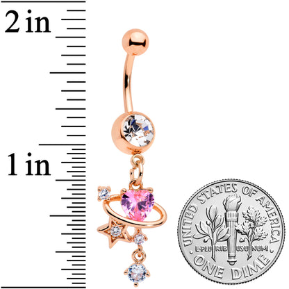 Clear Pink Gem Rose Gold Tone Star Heart Dangle Belly Ring