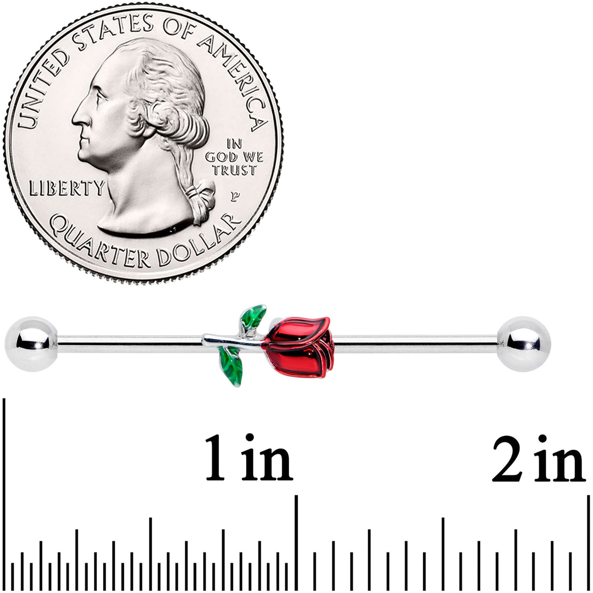 14G Red Rose Flower Valentines Day Industrial Barbell 38mm