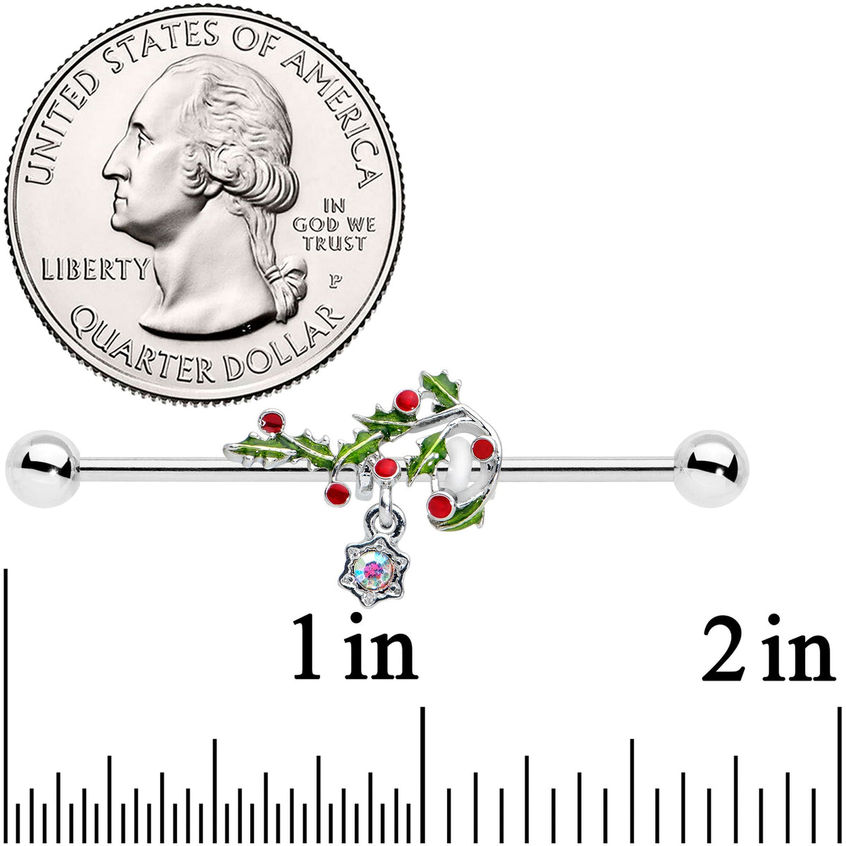14G Aurora Gem Candy Cane Holly Christmas Industrial Barbell 38mm
