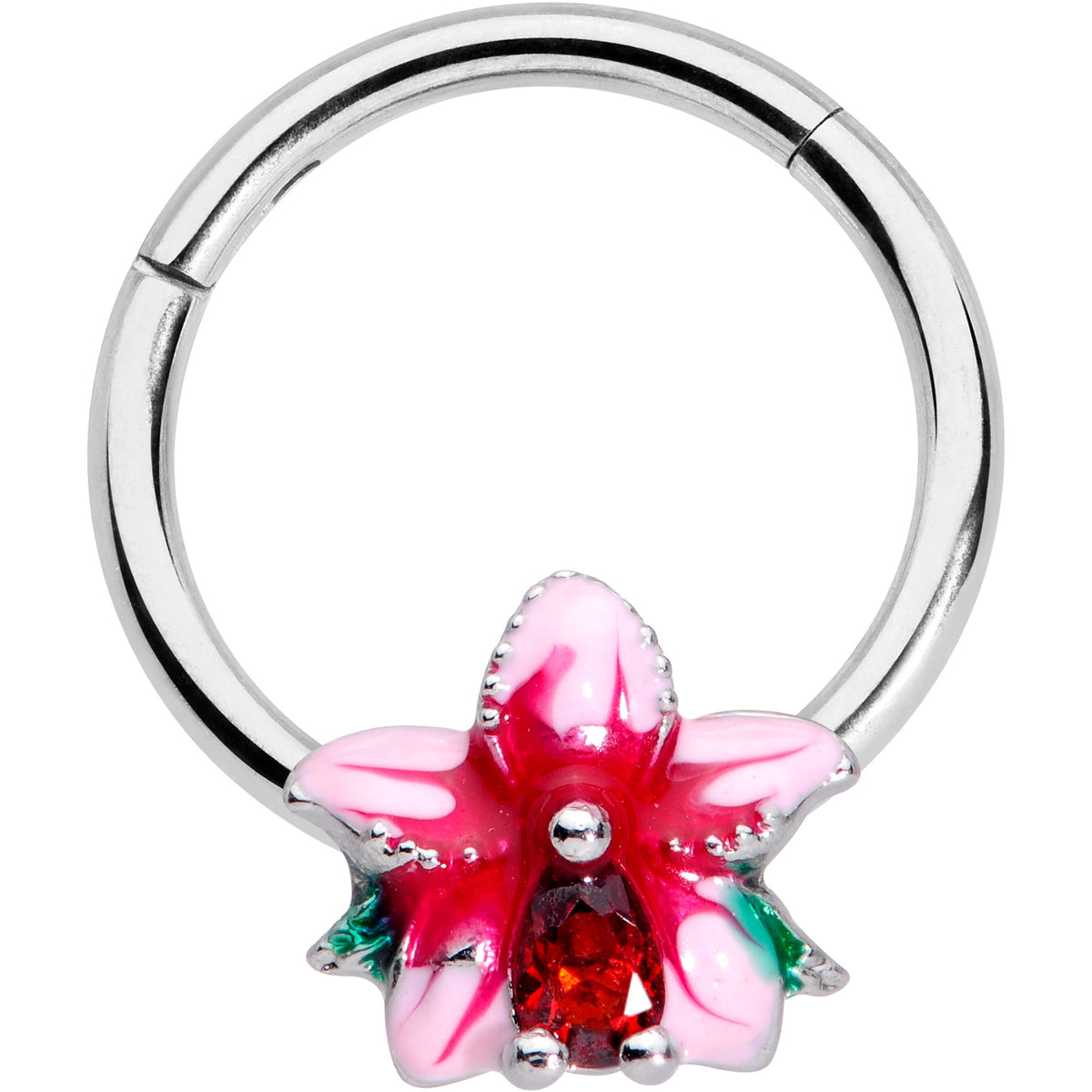 16G 3/8 Red Gem Exotic Flower Hinged Segment Ring