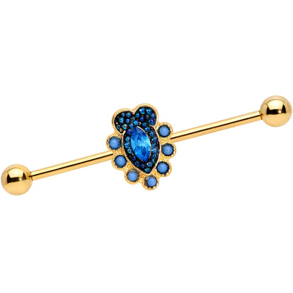 14G Blue Gem Gold Tone Opulent Oval Industrial Barbell 38mm