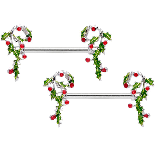 14G 5/8 Pink CZ Gem Candy Cane Holly Christmas Nipple Ring Set