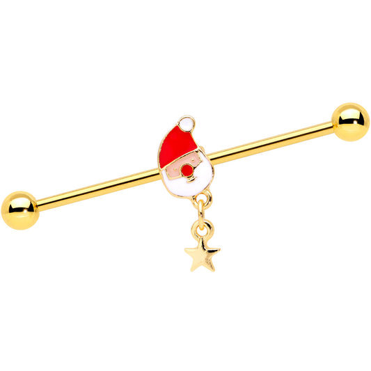 14G Gold Tone Santa Star Christmas Dangle Industrial Barbell 38mm