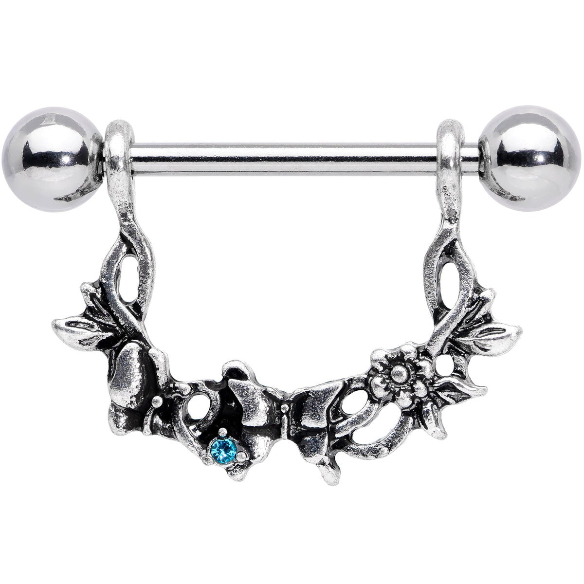 14G 9/16 Aqua Gem Abstract Bow Butterfly Dangle Nipple Ring Set
