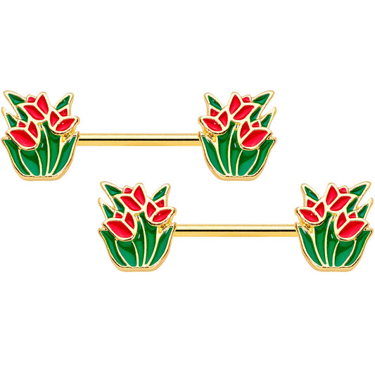 14G 9/16 Gold Tone Red Tulip Flowers Barbell Nipple Ring Set