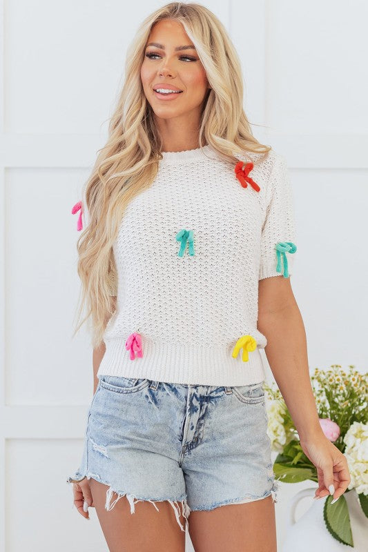 Bow Knit Crewneck Short Sleeve Sweater