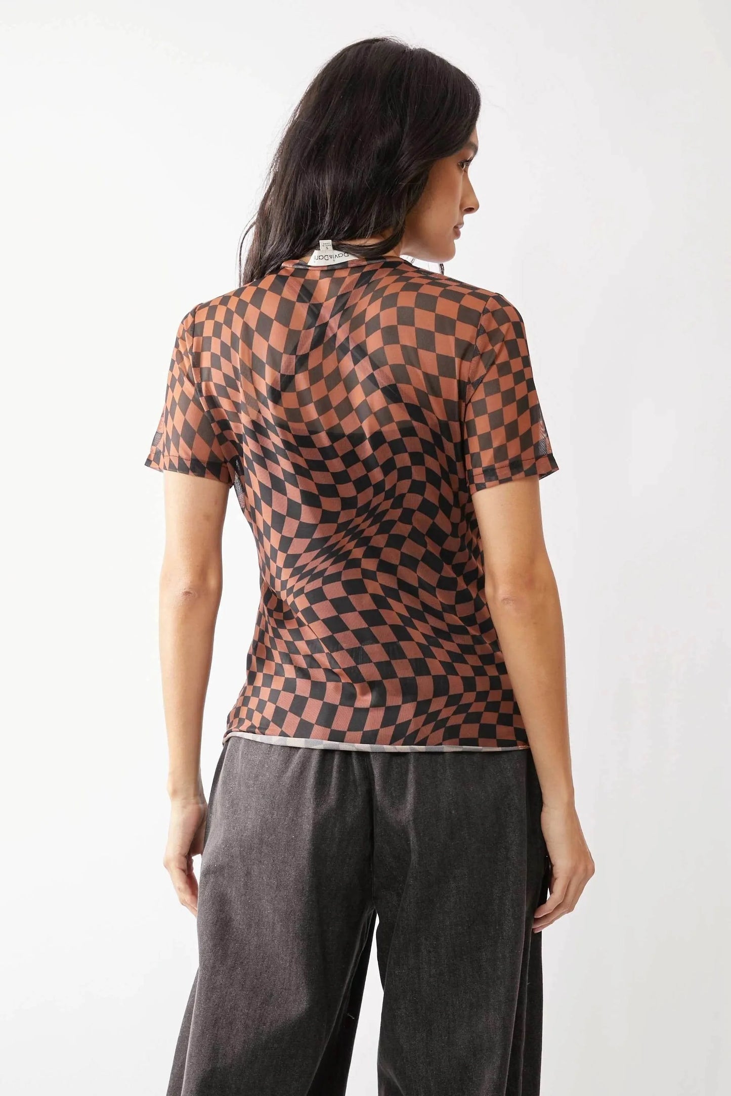 Davi & Dani Checker Board Printed Mesh Short Sleeve Top