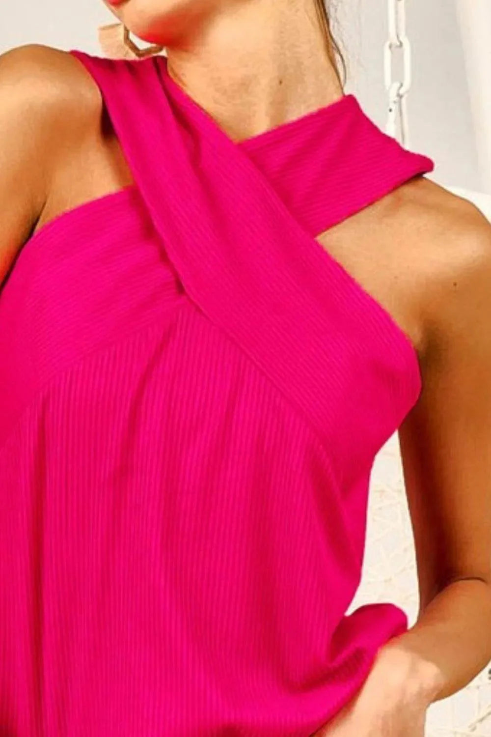 BiBi Rib Knit Cross Neck Banded Top