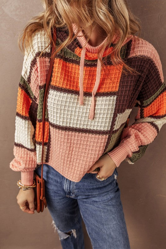 Colorblock Waffle Knit Drawstring Mock Neck Sweate