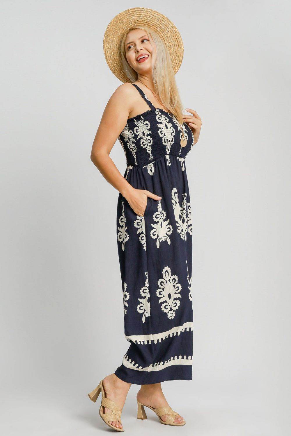 Umgee Full Size Smocked Printed Wide Leg Jumpsuit Plus Size