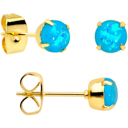 20G Blue Faux Opal Gold Tone 3mm to 5mm Stud Earrings Set of 3