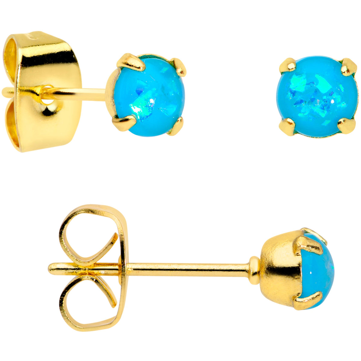20G Blue Faux Opal Gold Tone 3mm to 5mm Stud Earrings Set of 3