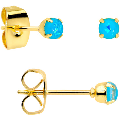 20G Blue Faux Opal Gold Tone 3mm to 5mm Stud Earrings Set of 3