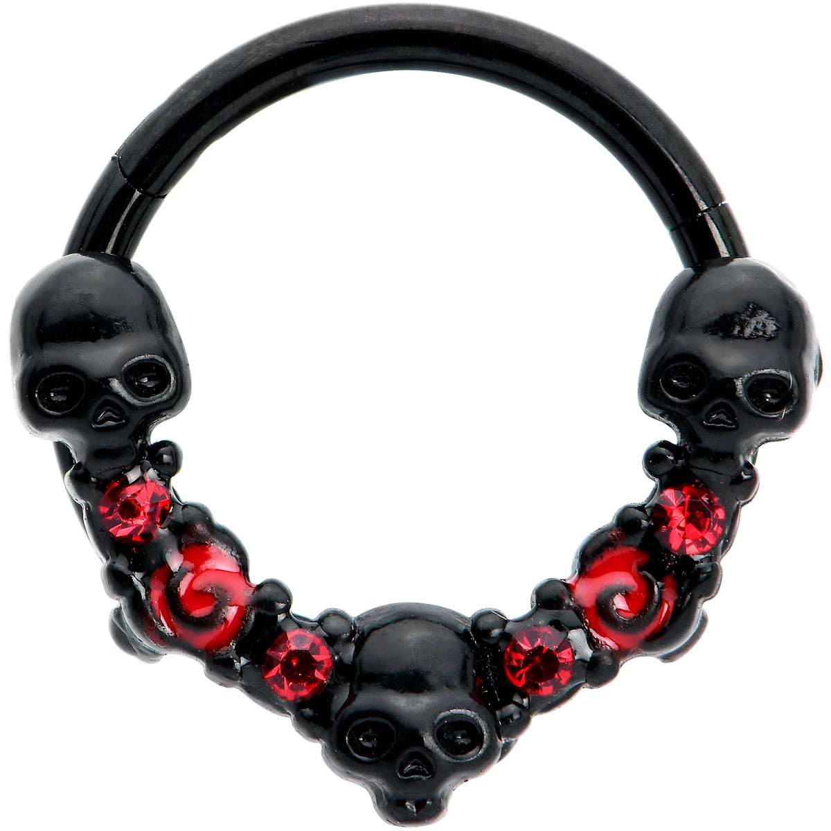 16G 3/8 Red Clear CZ Gem Black Skull Halloween Hinged Segment Ring