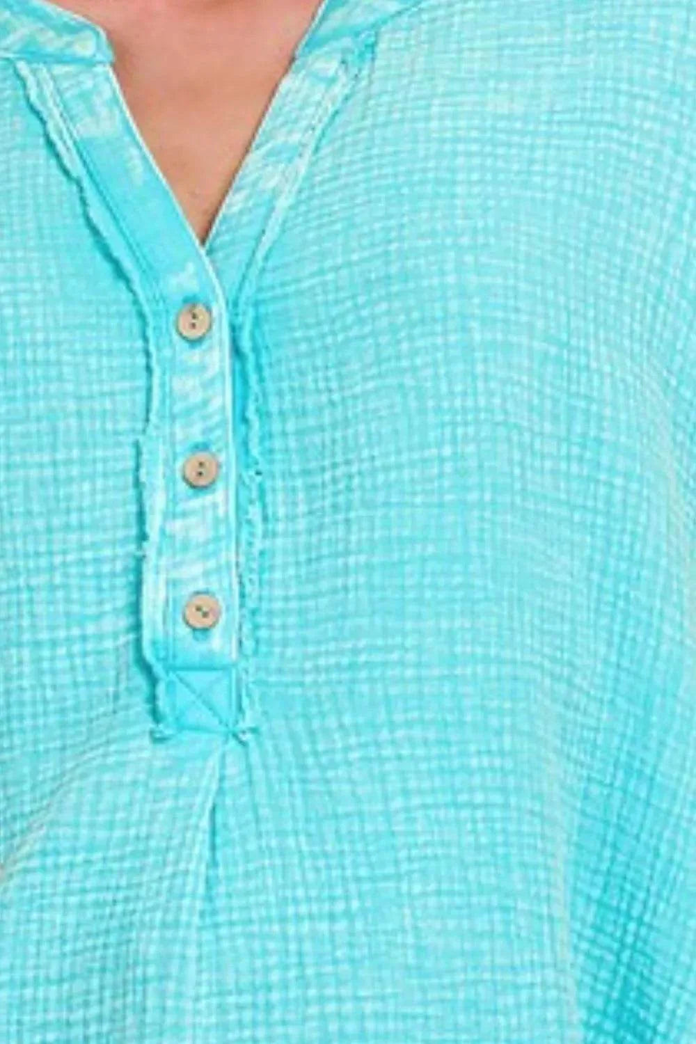 Zenana Washed Double Gauze 3/4 Button Henley Neck Shirt