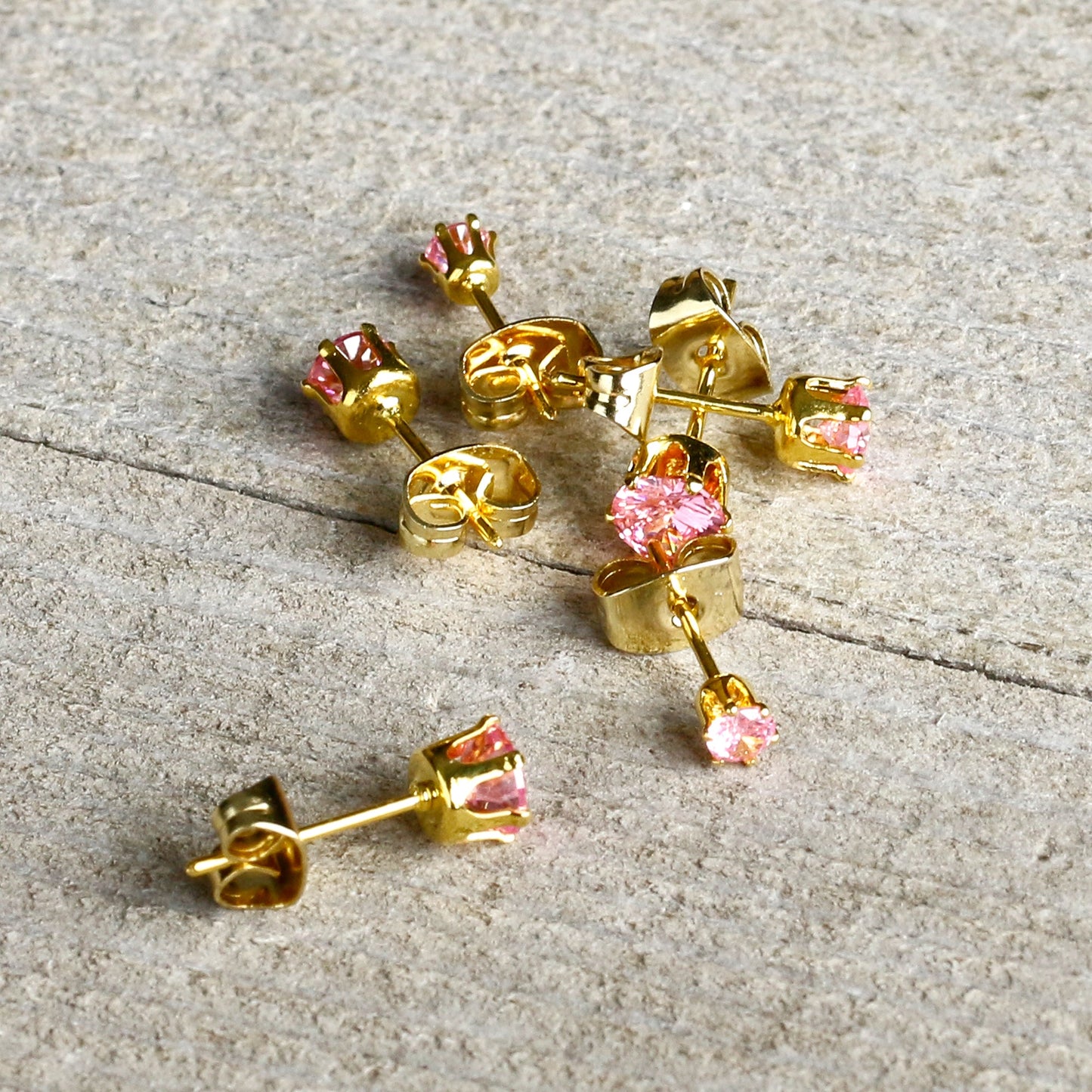 20G Pink CZ Gem Gold Tone 3mm to 5mm Post Stud Earring Set of 3