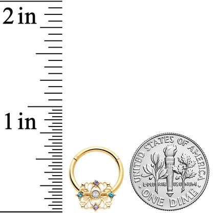 16G 3/8 White Synthetic Opal Gold Tone Web Hinged Segment Ring