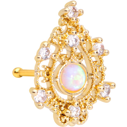 20G 1/4 White Synthetic Opal Gold Tone Scrolling Oval Nose Bone