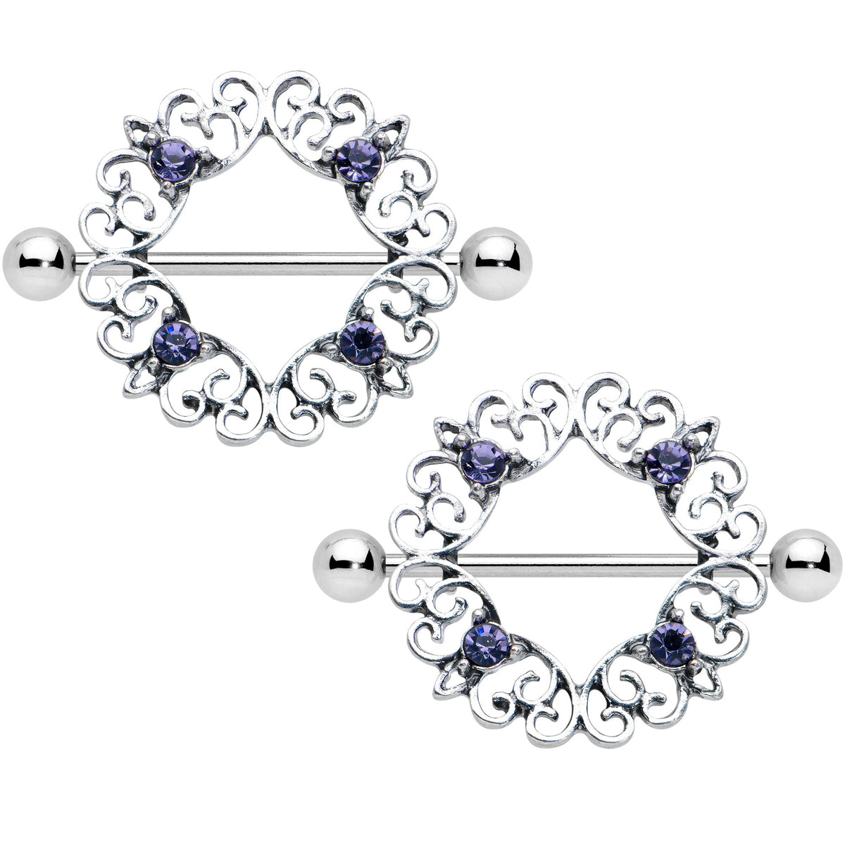 14G 9/16 Purple Gem Filigree Valentines Day Nipple Shield Set