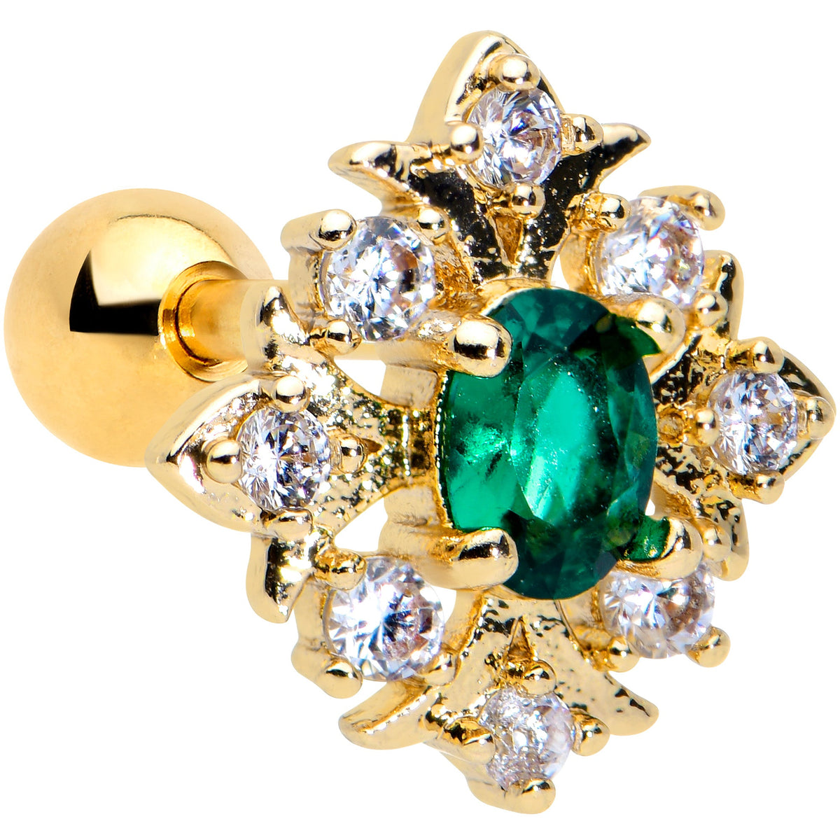 16G 1/4 Clear Green Gem Gold Tone Art Deco Style Cartilage Tragus