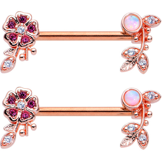 14G 9/16 White Synth Opal Rose Gold Hue Leaf Flower Nipple Ring Set