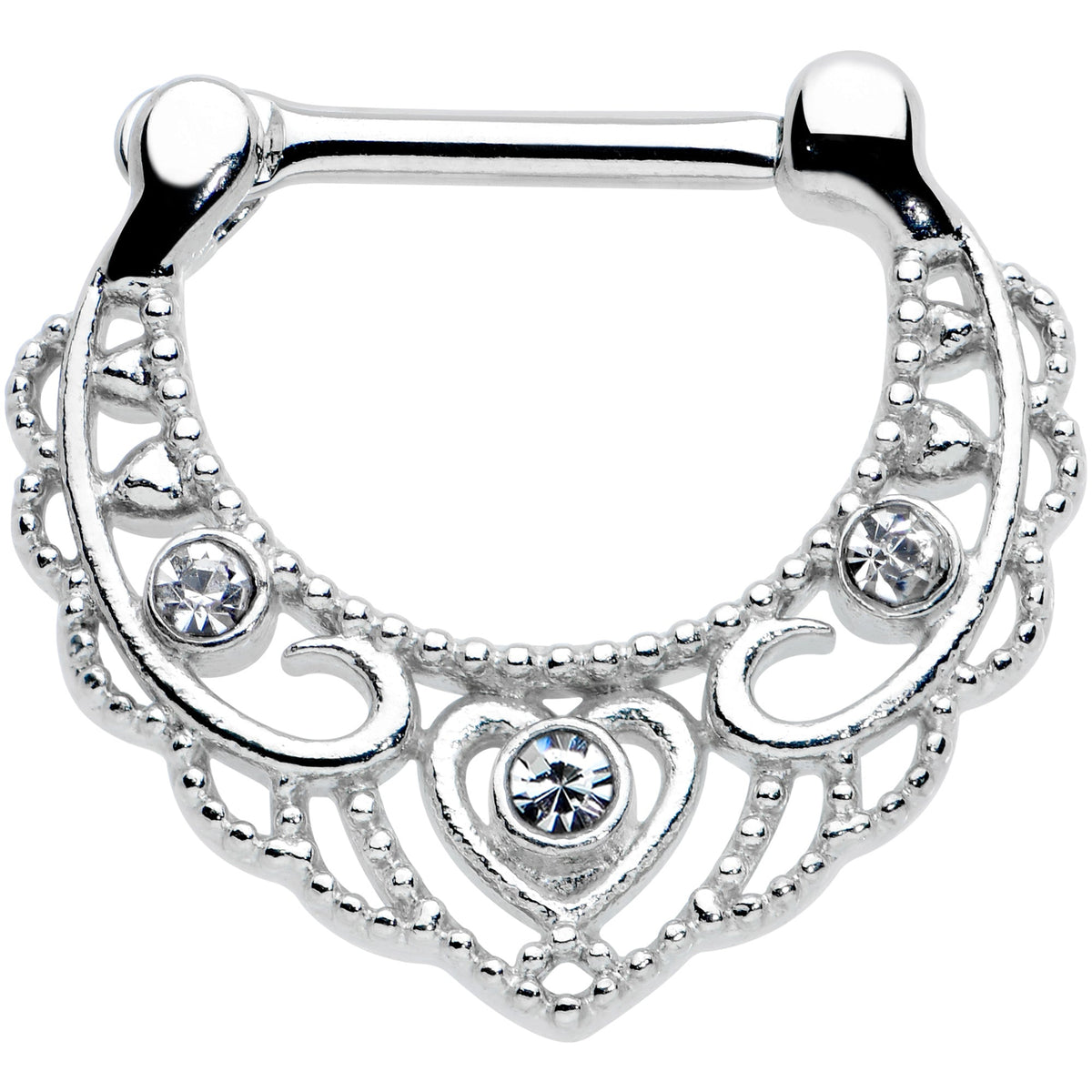 16G 5/16 Clear Gem Textured Baroque Heart Cartilage Clicker