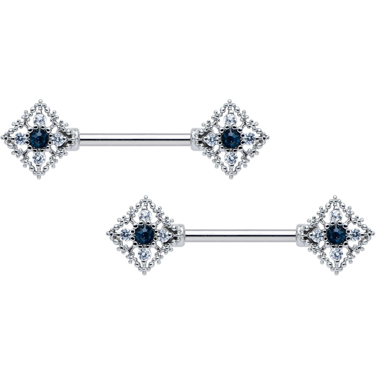 14G 9/16 Clear Blue Gem Textured Rhombus Cross Nipple Ring Set
