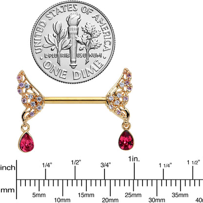 14G 9/16 Red Gem Gold Tone Wing Dangle Barbell Nipple Ring Set