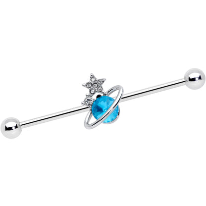 14G Clear Blue Gem Star Saturn Planet Industrial Barbell 38mm