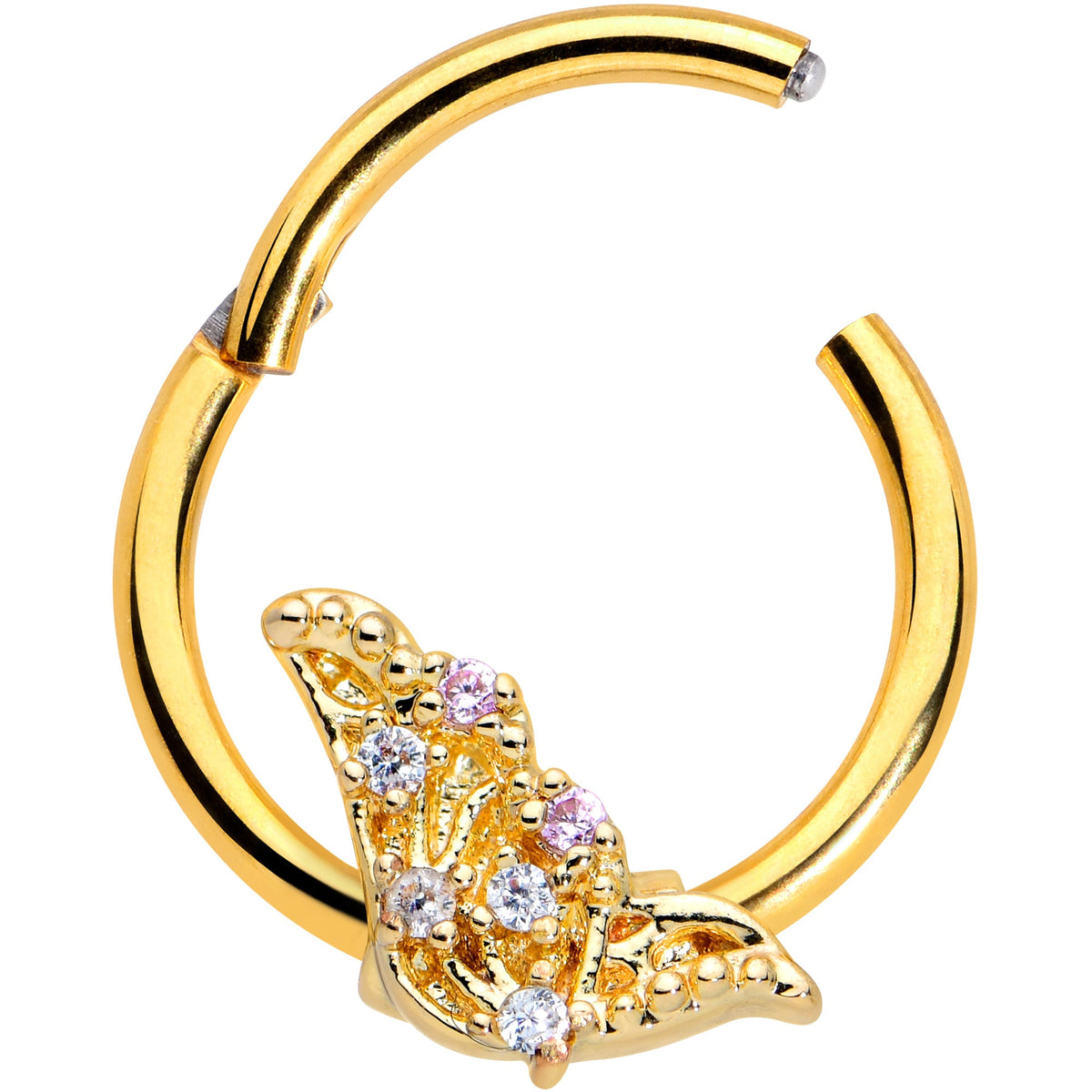 16G 3/8 Clear CZ Gem Gold Tone Butterfly Hinged Segment Ring