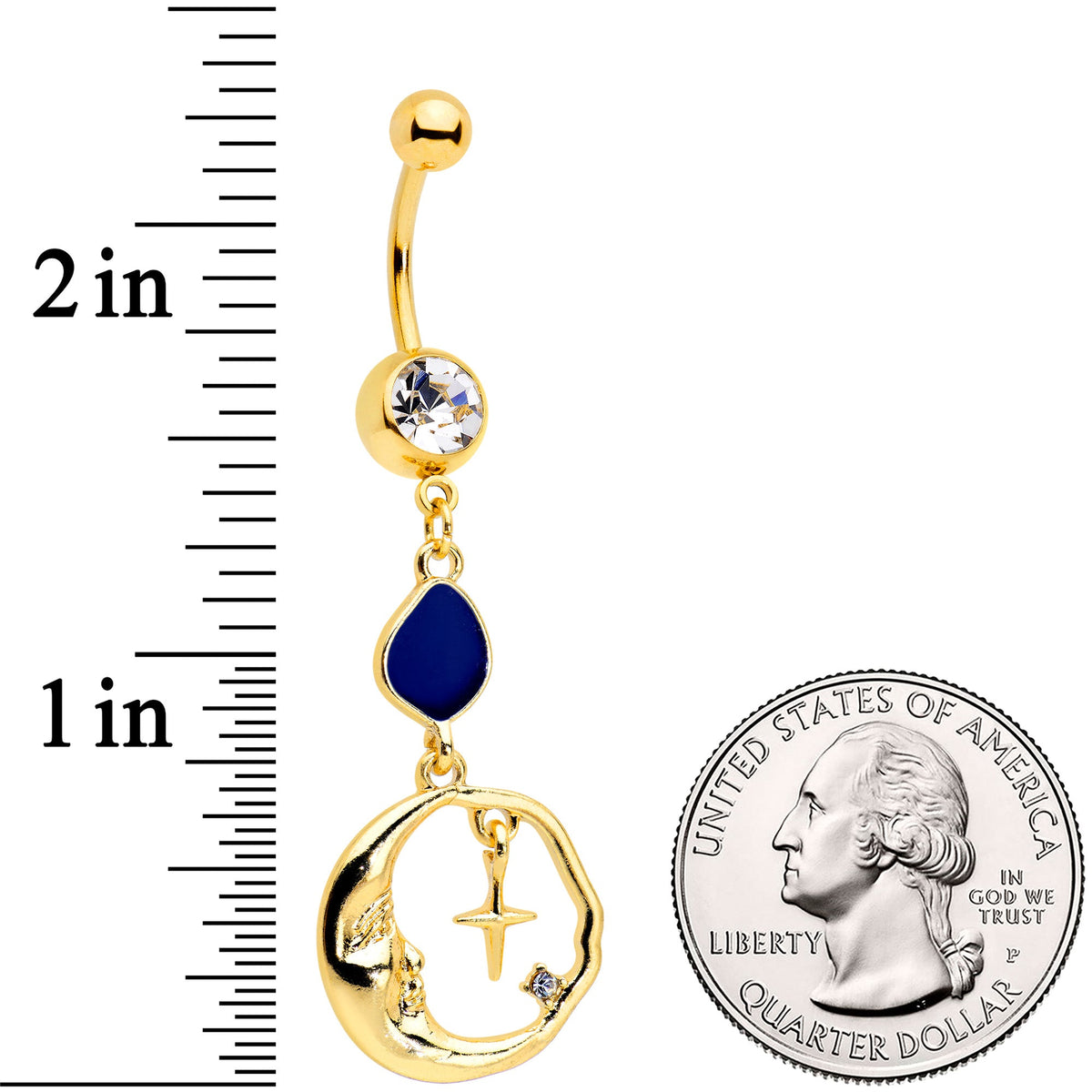 Clear Gem Gold Tone Blue Drop Moon Dangle Belly Ring