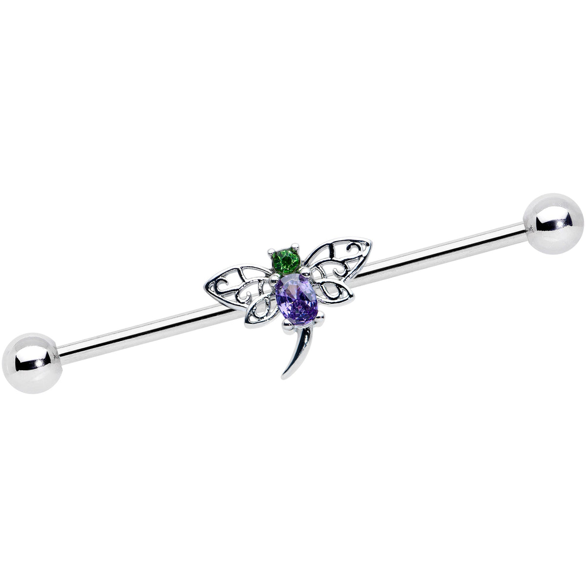 14G Purple Green Gem Dragonfly Industrial Barbell 38mm