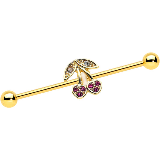 14G Clear Purple Gem Gold Tone Cherry Industrial Barbell 38mm