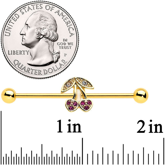 14G Clear Purple Gem Gold Tone Cherry Industrial Barbell 38mm