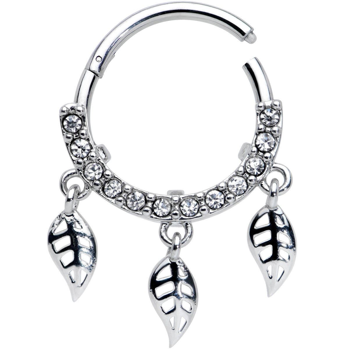 16G 3/8 Clear Gem Open Leaf Dangle Hinged Segment Ring